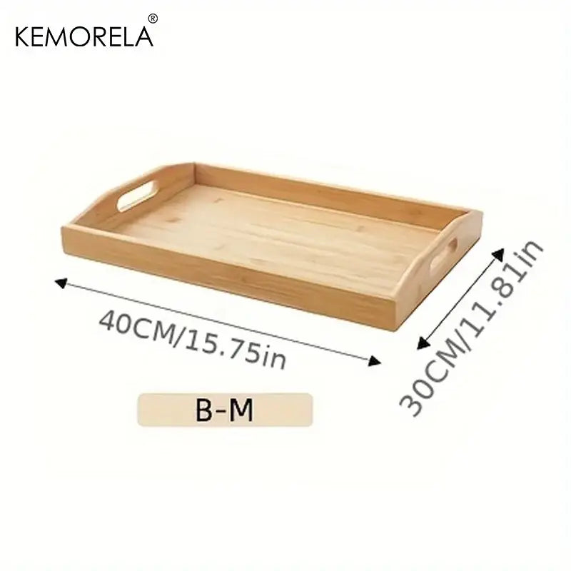 Light brown rectangular wooden trays made of bamboo with integrated handles for kitchen storage organization