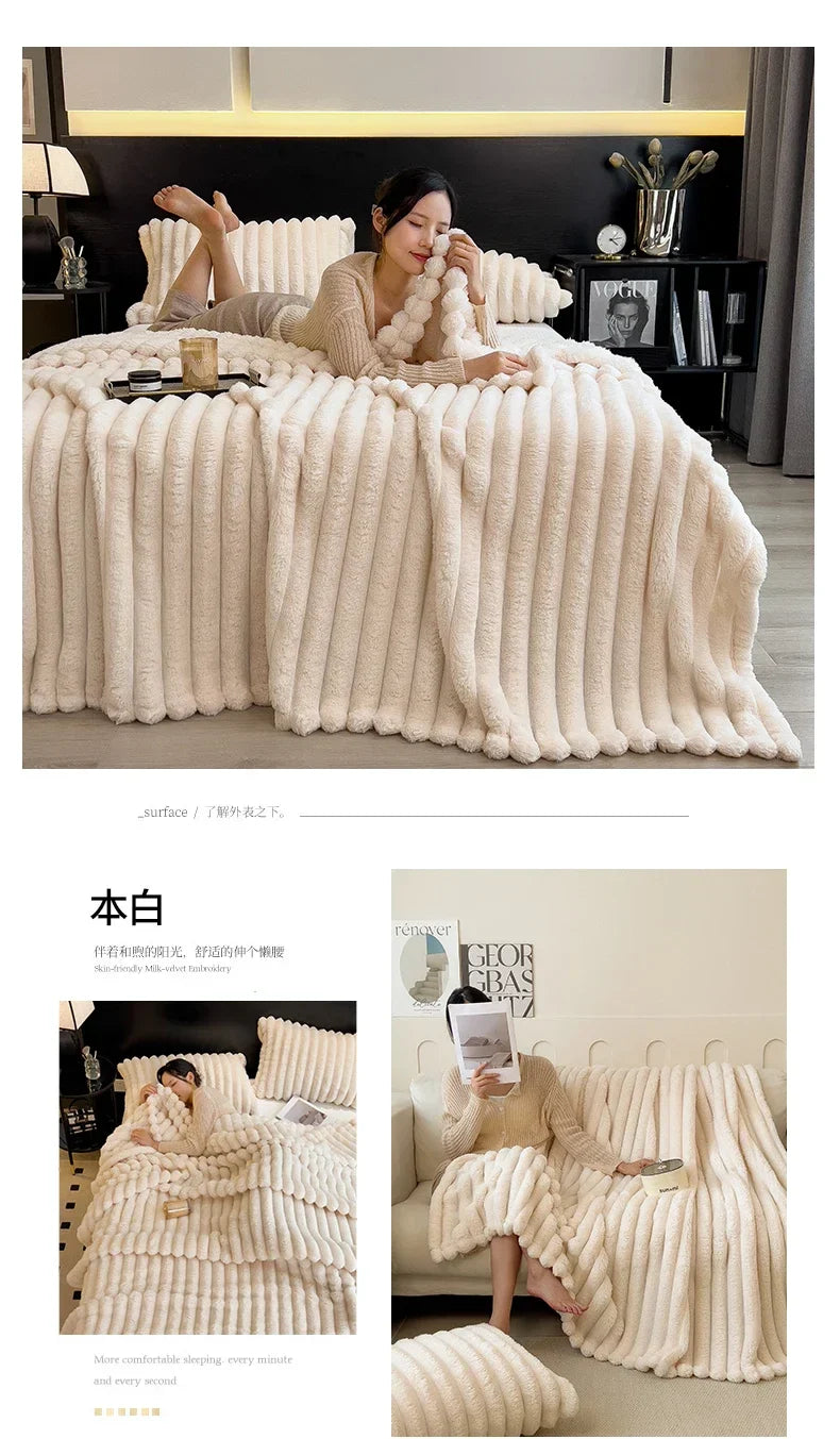 Cream-colored plush ribbed throw blanket made of soft coral fleece and bamboo fiber for warm autumn beds and sofas
