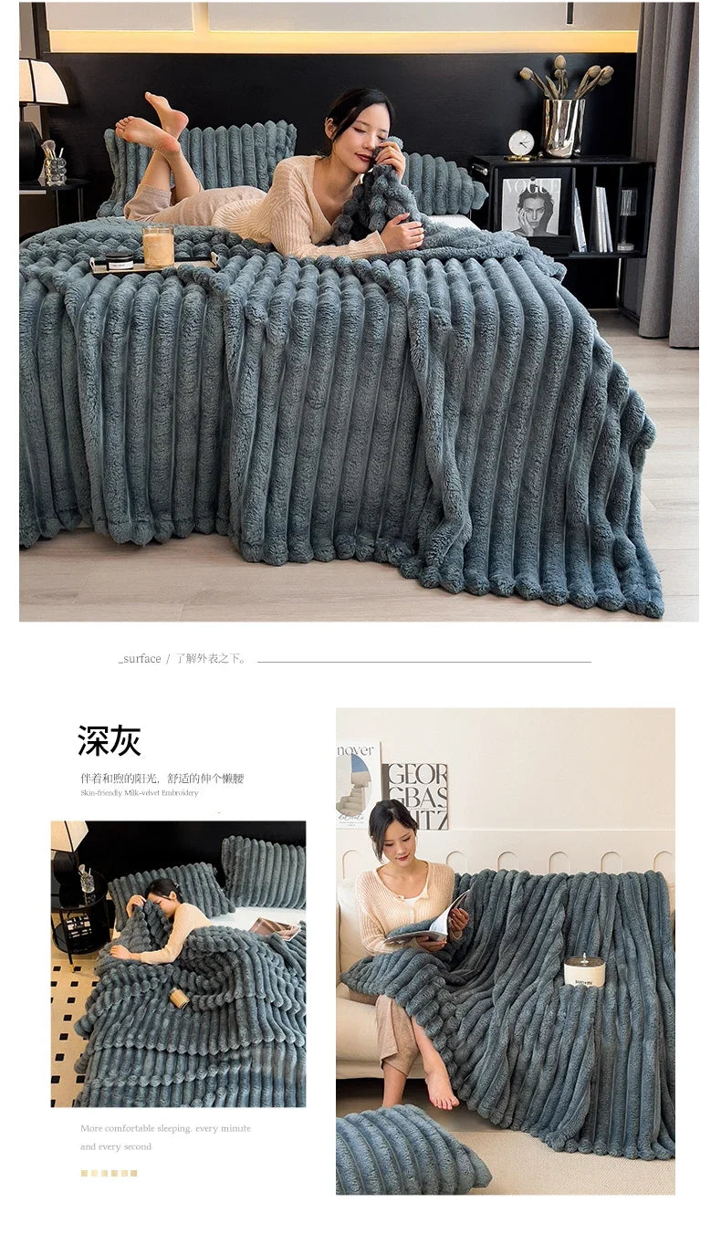 Deep gray plush ribbed throw blanket with soft textured surface made of bamboo fiber for warm autumn use