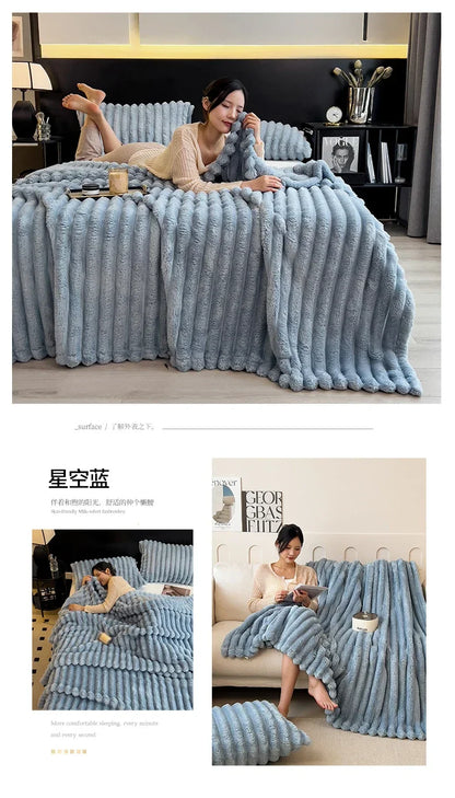 A plush light blue chunky knit throw blanket with ribbed texture made from soft bamboo fiber for cozy autumn warmth
