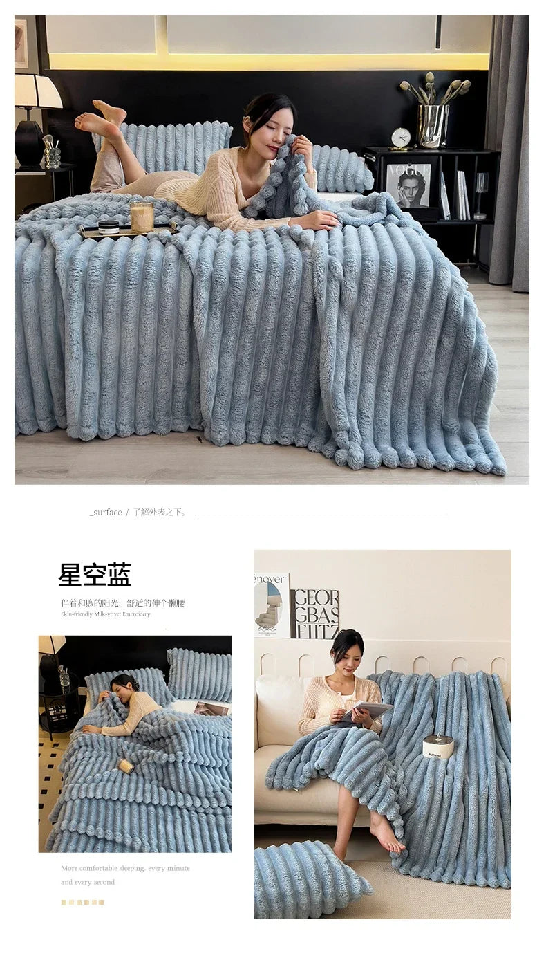 A plush light blue chunky knit throw blanket with ribbed texture made from soft bamboo fiber for cozy autumn warmth