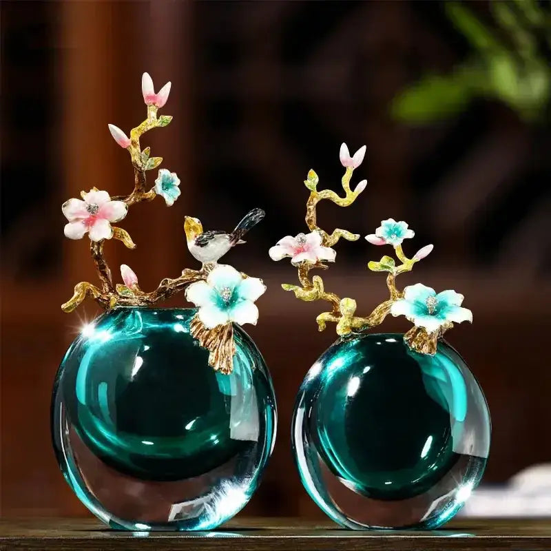 New chinese teal glass vases with enamel small ornaments and gold-toned branches for living room decor