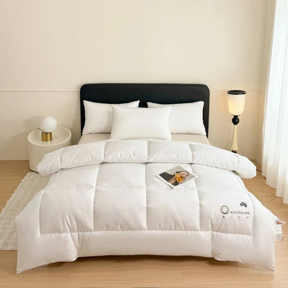 White quilted down comforter with plush texture and subtle stitching for new zealand wool four season heating quilt