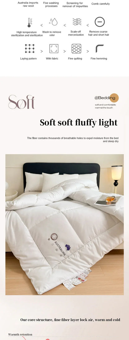 White fluffy new zealand wool quilt with thick heating ultra-fine wool core and subtle embroidered logo on corner