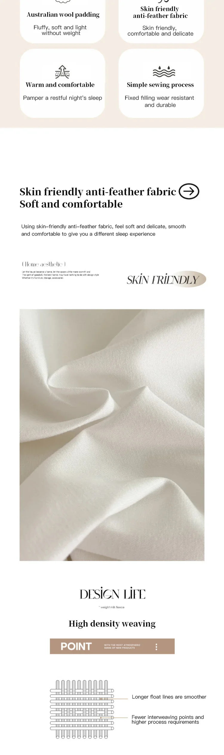 Soft skin-friendly anti-feather fabric pillow with smooth texture in new zealand wool quilt thick heating blanket core