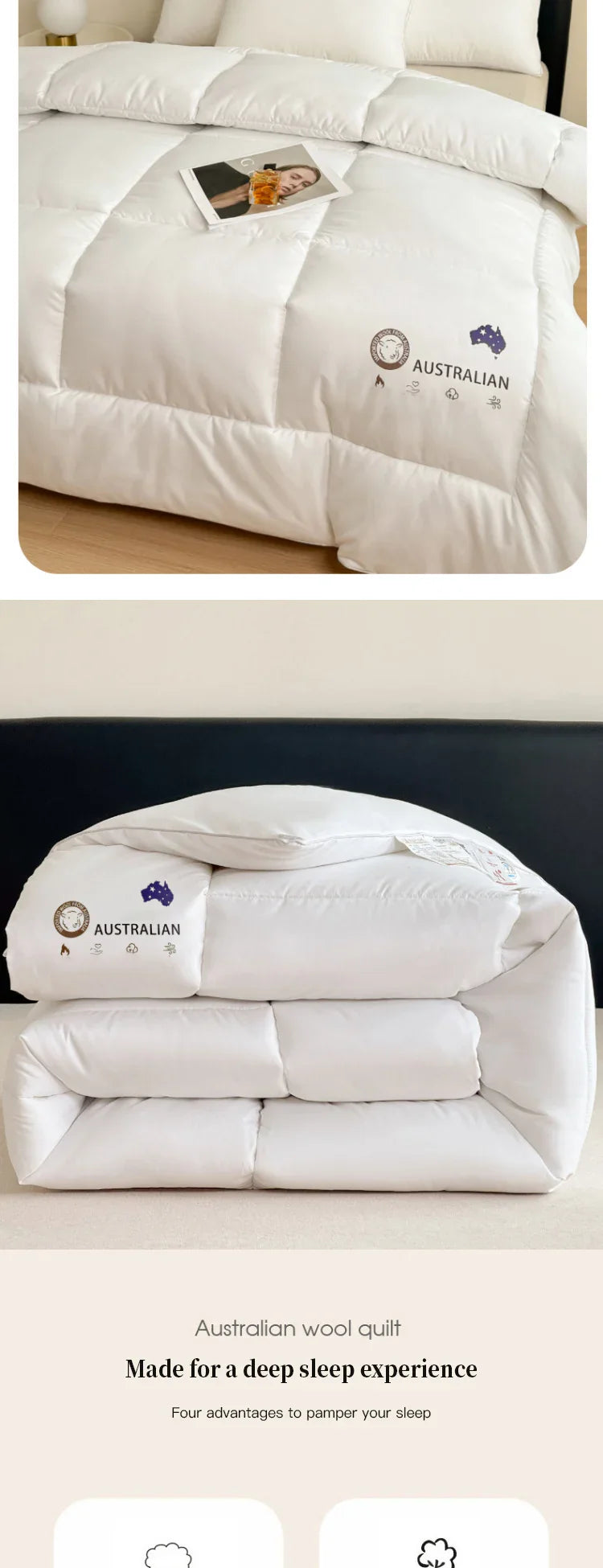 White australian wool quilt with thick heating, ultra-fine fiber, soft plush texture, subtle stitching for four-season use
