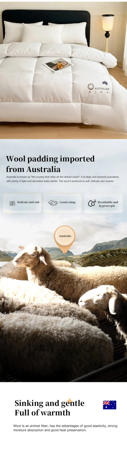 White quilted new zealand wool quilt with thick heating padding imported from australia for four season use