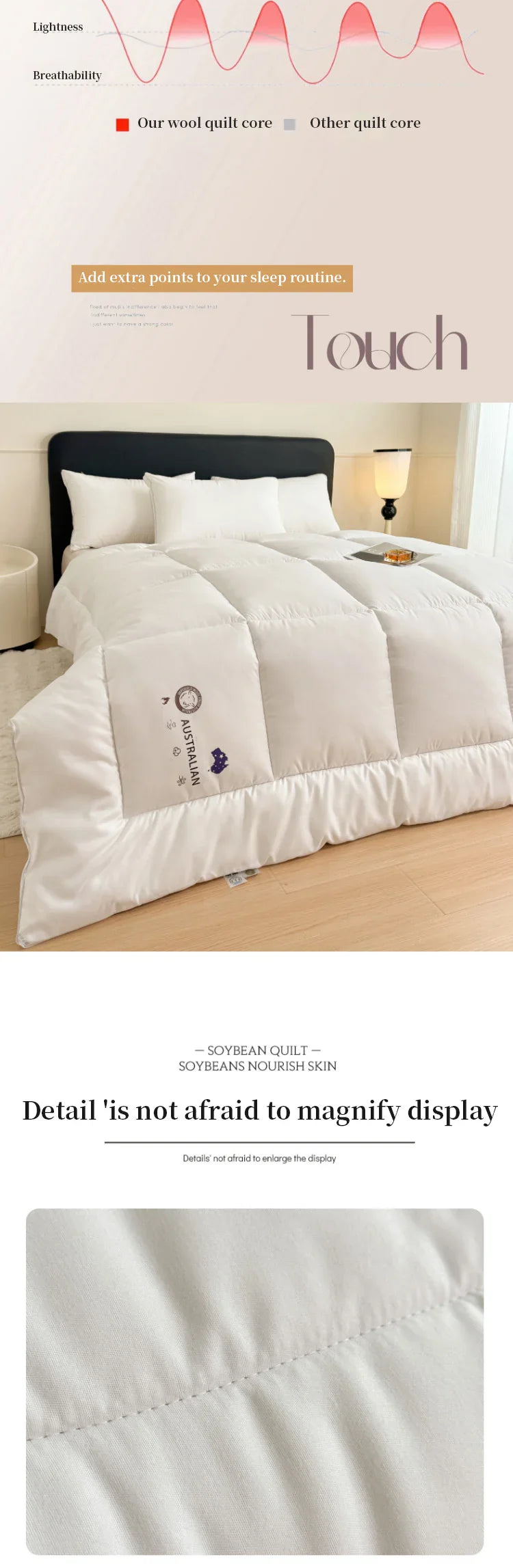 White quilted comforter made of new zealand wool with plush texture and subtle stitching details for year-round use