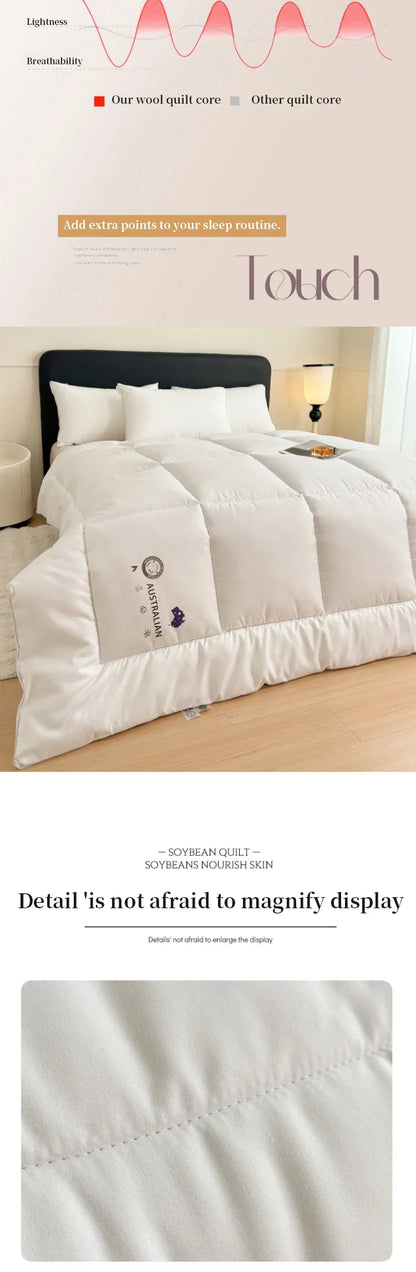 White quilted comforter made of new zealand wool with plush texture and subtle stitching details for year-round use