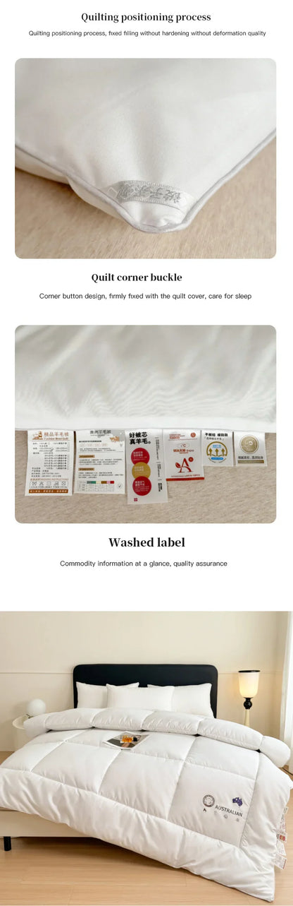 White quilted new zealand wool quilt with subtle embroidered logo and neatly stitched seams for four season use
