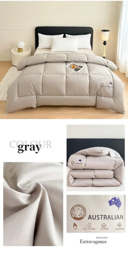 Gray quilted new zealand wool quilt with thick heating ultra-fine wool core and australian sheepskin logo tag