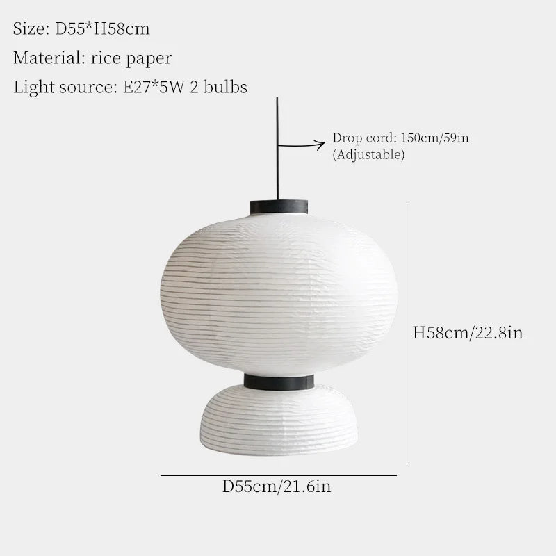 White rice paper lantern light with ribbed texture and black metal accents for dining room or shop hanging light use