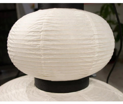 Noguchi pendant white paper lantern light with horizontal pleats and black base for dining room or shop hanging light