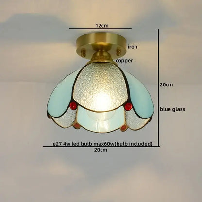 Nordic amber and teal stained glass copper led ceiling light with blue glass petals and brass copper led ceiling base