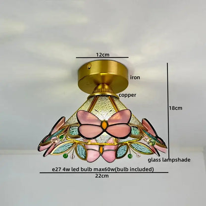 Nordic amber and teal stained glass copper led ceiling light with pink butterfly motifs and brass iron copper base