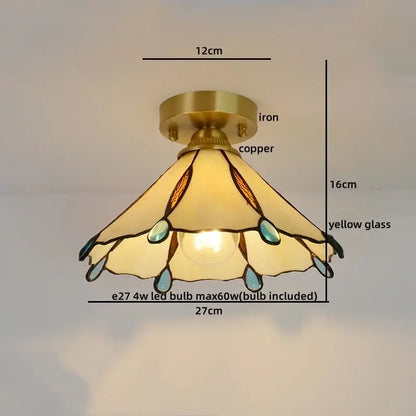 Vintage-style nordic amber and teal stained glass copper led ceiling light with scalloped yellow glass shade and brass base