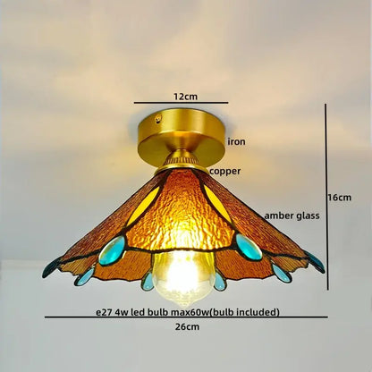 Nordic amber and teal stained glass copper led ceiling light with brass iron base for bedroom illumination