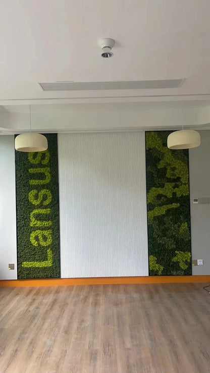 Green moss wall art with bold vertical lansus lettering paired with nordic bar wabi sabi led pendant lamp