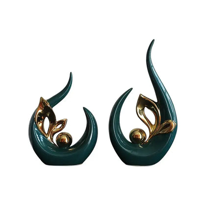 Teal and gold abstract ceramic figurine with flowing flame-like forms nordic ceramic decor for living room desk
