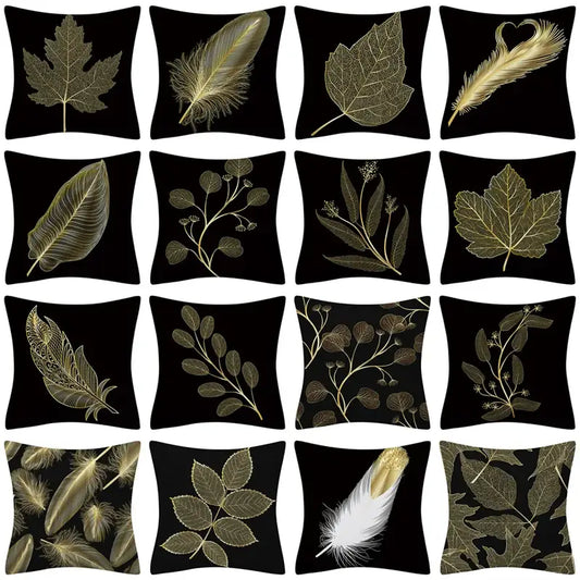 Black cushion covers with intricate golden leaves pillow and feather designs for Nordic living room decor