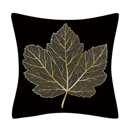 Black cushion with detailed gold leaf design and intricate veins for nordic golden leaves pillow living room decor