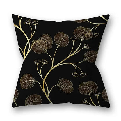 Black throw pillow with elegant gold leaf and branch pattern for nordic golden leaves pillow cases living room decor