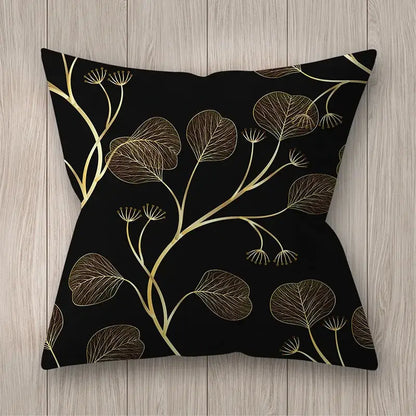Black cushion with elegant gold leaf and branch pattern for nordic black and gold golden leaves pillow decor
