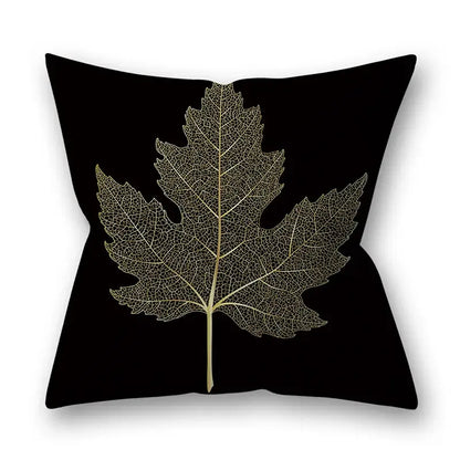 Black throw pillow with detailed gold golden leaves design perfect as leaves pillow cases for living room decor