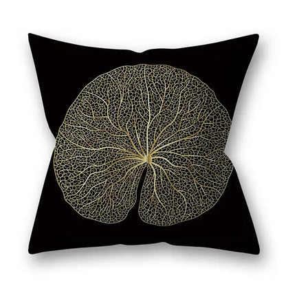 Black throw pillow featuring detailed golden leaves vein pattern for living room decor golden leaves pillow