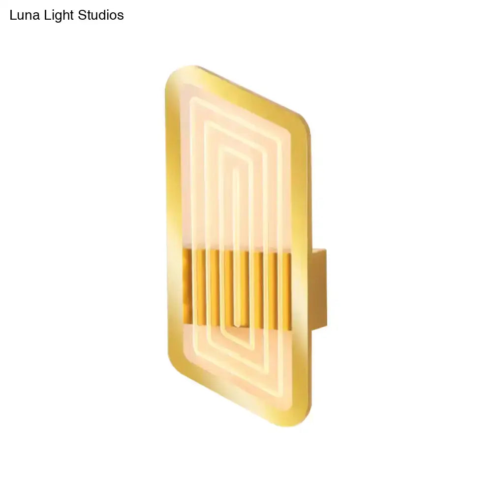 Gold-finished rectangular nordic wall light fixture with concentric neon lines and vertical bars for living room use