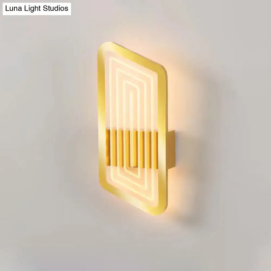 Gold-finished Nordic wall light fixture with illuminated concentric neon lines and vertical slats for living room use