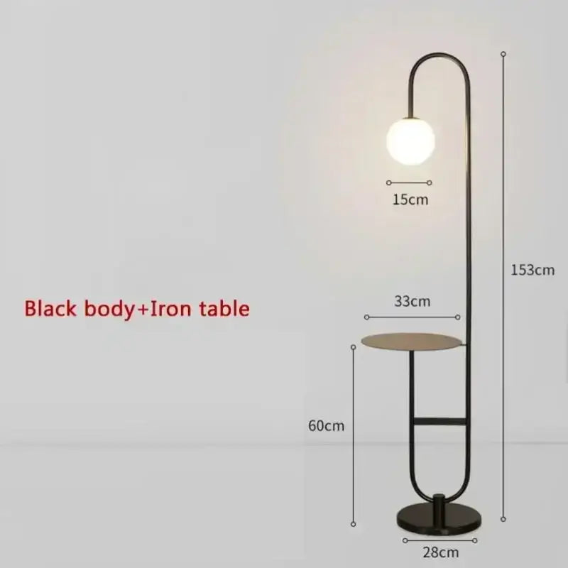 Black iron nordic floor lamp with curved neck and integrated glass side table led floor lamp for living room