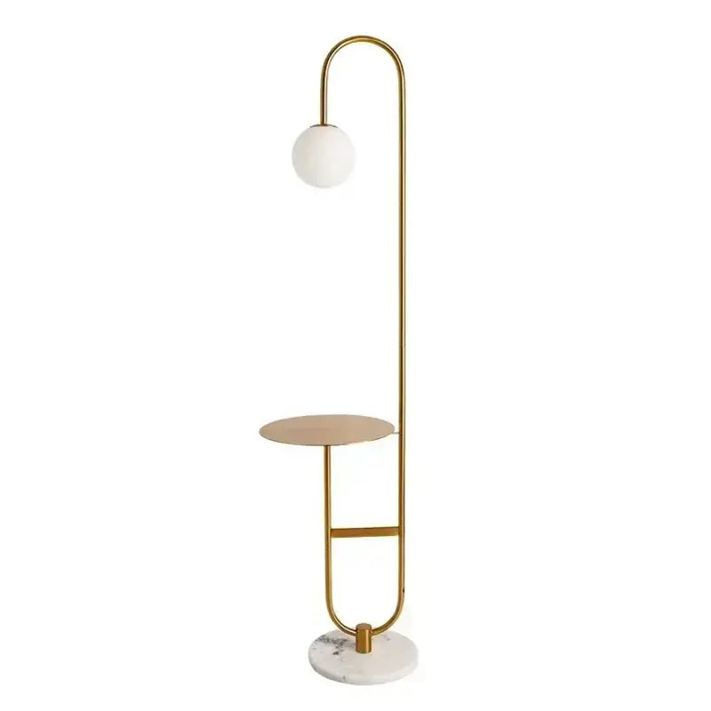 Gold-toned floor lamp with curved metal frame, white glass shade, and marble base paired with Nordic black led floor lamp