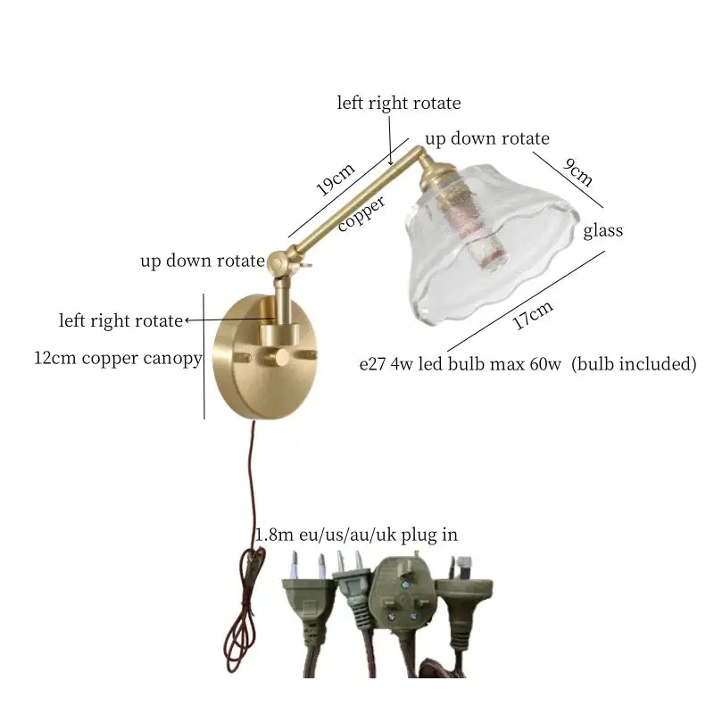 Adjustable nordic brass wall sconce with clear glass shade and bedroom pull chain decorbites clear glass lighting
