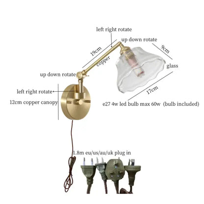 Adjustable nordic brass wall sconce with clear glass shade and bedroom pull chain decorbites clear glass lighting