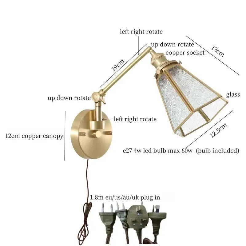 Adjustable brass-finished wall sconce with clear glass shade and copper canopy for bedroom decorbites clear glass lighting