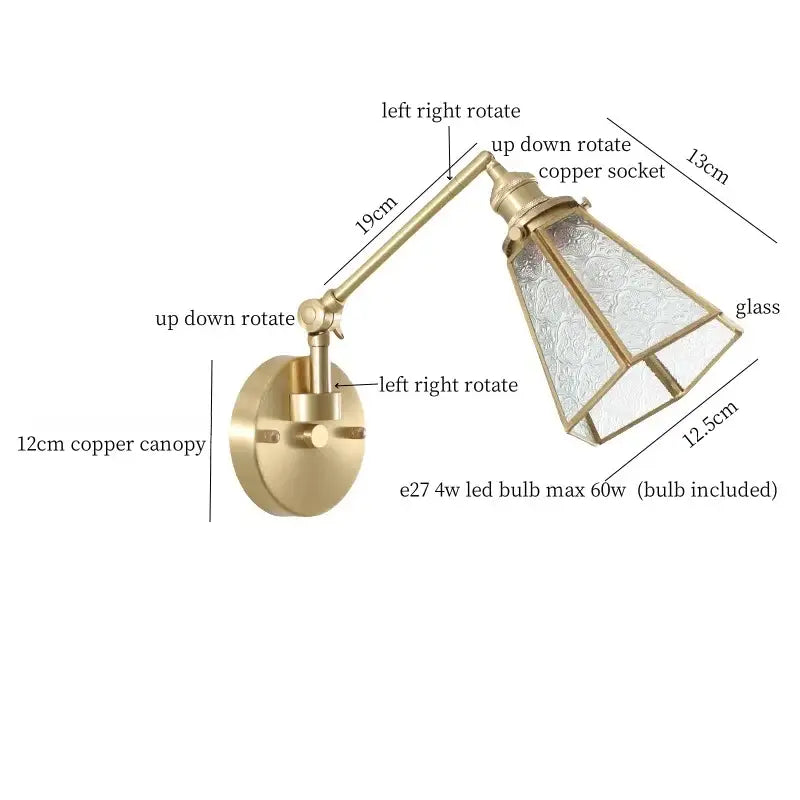 Adjustable brass-finished wall sconce with clear glass textured shade and copper canopy for bedroom decorbites clear glass