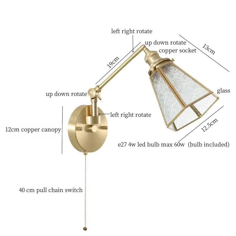 Adjustable nordic brass wall sconce with clear glass textured shade and copper canopy for bedroom decorbites clear glass