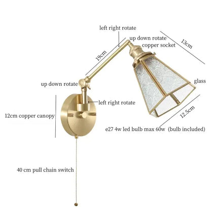 Adjustable nordic brass wall sconce with clear glass textured shade and copper canopy for bedroom decorbites clear glass