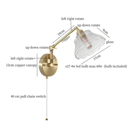 Adjustable brass copper wall sconce with clear glass shade and led bulb for bedroom decorbites clear glass lighting