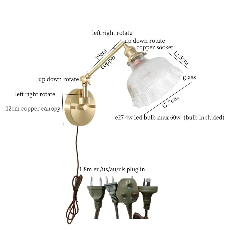 Adjustable brass copper wall sconce with clear glass fringed shade for bedroom decorbites clear glass pull chain use