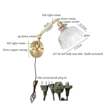 Adjustable brass copper wall sconce with clear glass fringed shade for bedroom decorbites clear glass pull chain use