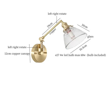 Nordic brass and clear glass wall sconce with adjustable arm and pull chain for bedroom decorbites clear glass design
