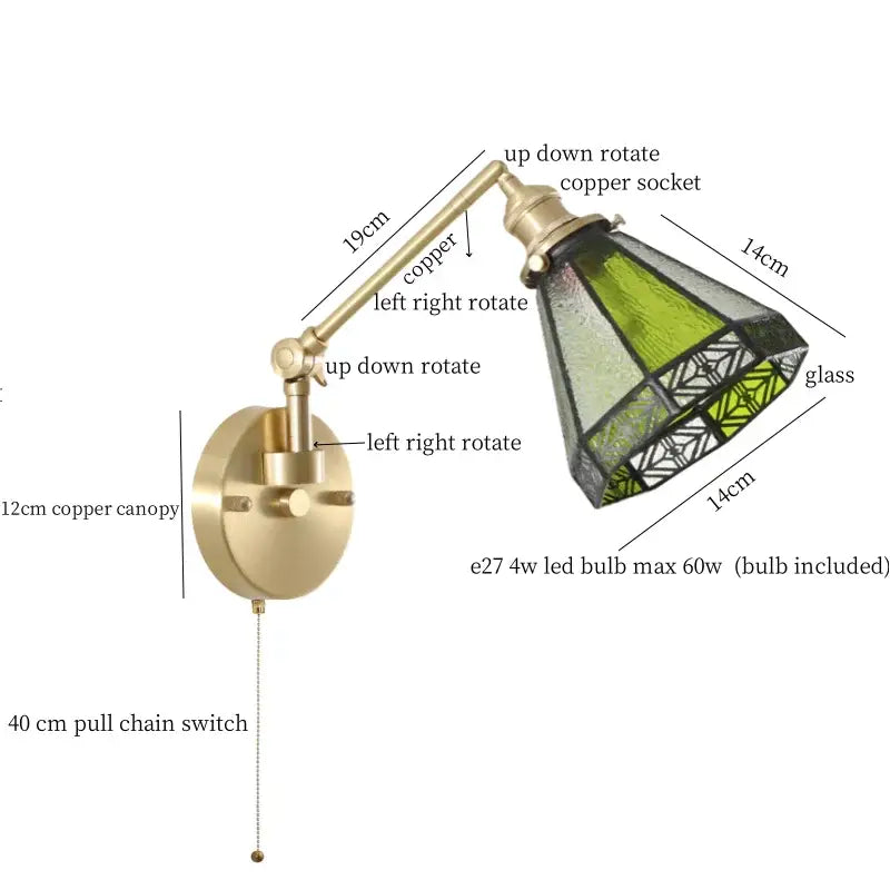 Adjustable nordic brass wall sconce with green stained glass shade and clear glass decorbites clear glass pull chain
