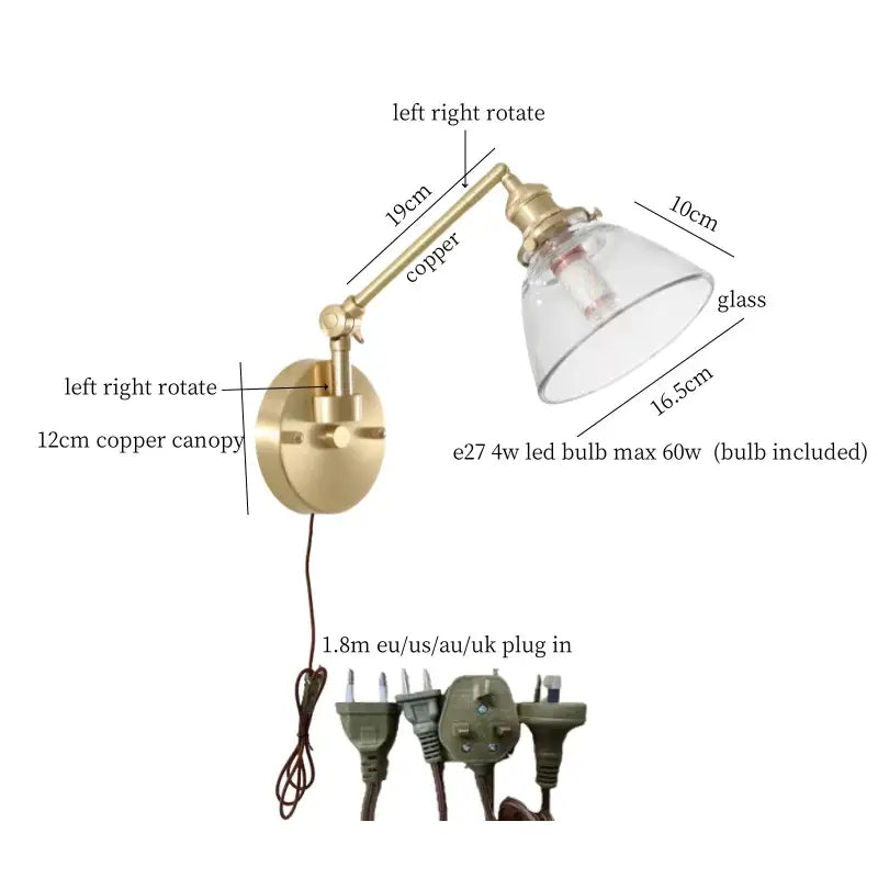 Nordic brass wall sconce with clear glass shade adjustable with pull chain and included led bulb decorbites clear glass
