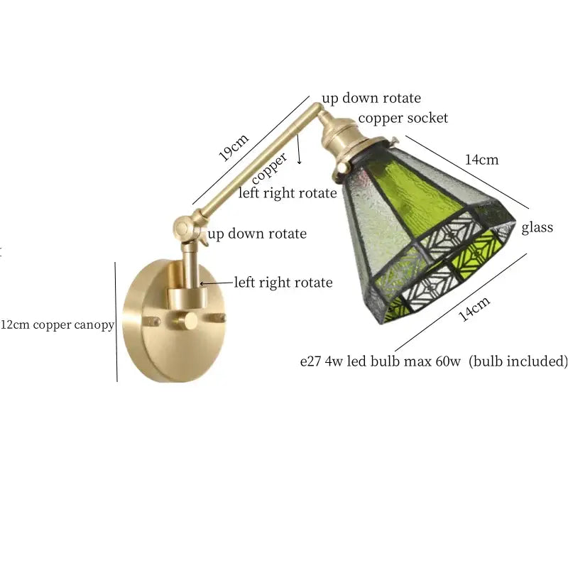 Nordic brass and clear glass wall sconce with brass-finished arm and green black stained glass shade decorbites clear glass