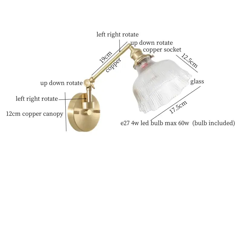 Adjustable copper wall sconce with textured clear glass shade for bedroom decorbites clear glass lighting solution