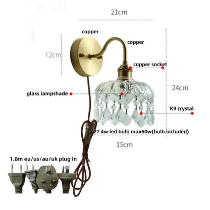 Brass-finished copper wall light with decorbites crystal glass led lampshade and 4w led bulb for bedroom decor