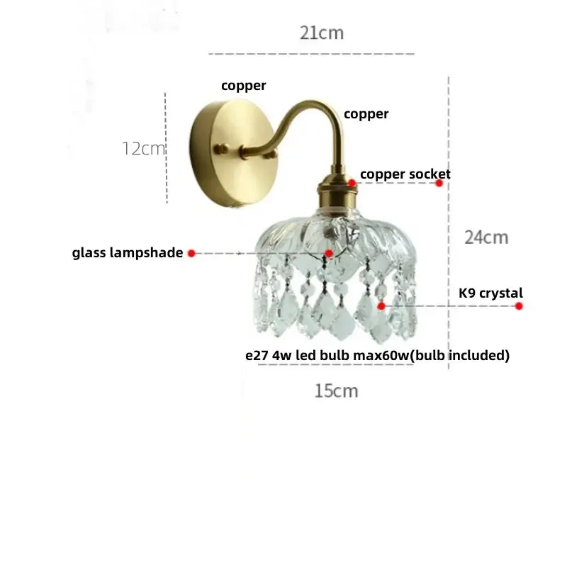Brass-finished copper wall light with faceted decorbites crystal glass shade and dangling k9 crystal led droplets