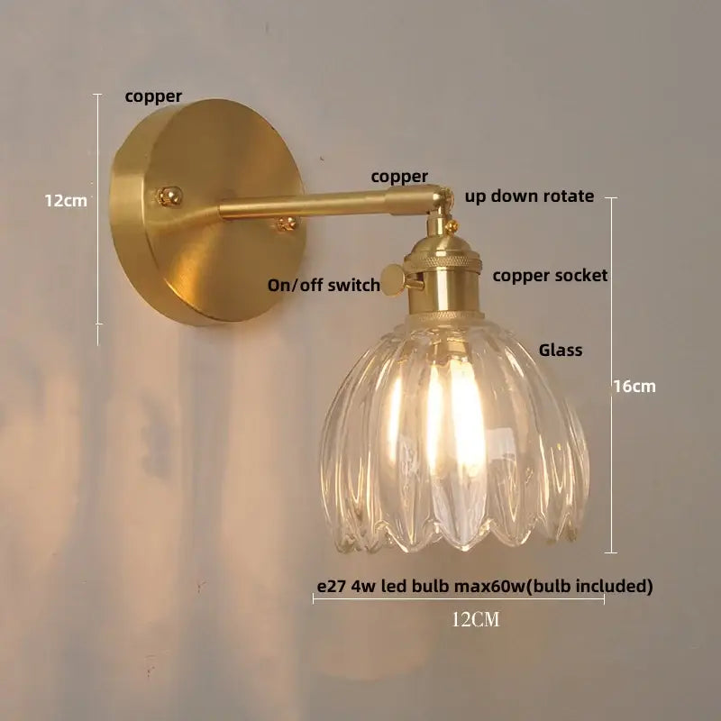 Nordic brass wall lights with faceted clear glass shade and adjustable copper arm ideal for bedroom decorbites clear glass